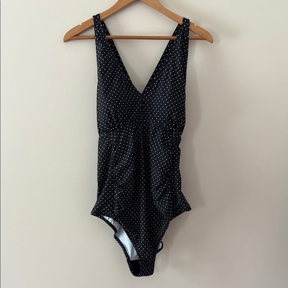 Motherhood Maternity Polka Dot Tie Front Criss Cross One Piece Swimsuit Black L - Picture 2 of 16